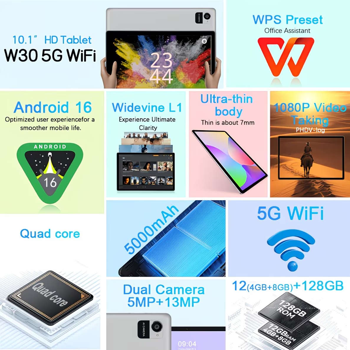 Crelander 10.1" Tablet with 1280x800 IPS HD Touch Screen (128GB/12GB (4GB+8GB expand)) - W30 - Image 6